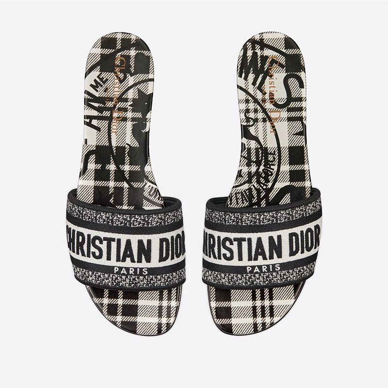 Christian Dior Dway Slides Women Jute Check'n'Dior Motif Canvas White Affordable 7064 - Image 3