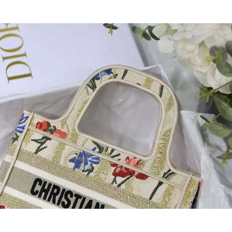 'Christia Christian Dior Mini Book Tote Beige Multicolor Hibiscus Metallic Thread Embroidery - Image 4