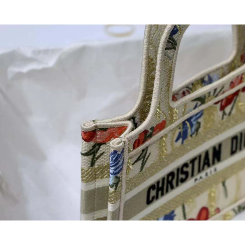 'Christia Christian Dior Mini Book Tote Beige Multicolor Hibiscus Metallic Thread Embroidery - Image 6