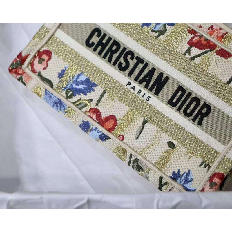 'Christia Christian Dior Mini Book Tote Beige Multicolor Hibiscus Metallic Thread Embroidery - Image 7