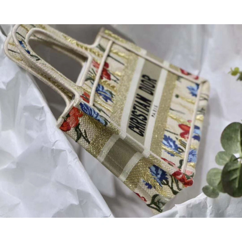 'Christia Christian Dior Mini Book Tote Beige Multicolor Hibiscus Metallic Thread Embroidery - Image 8