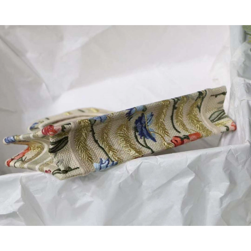 'Christia Christian Dior Mini Book Tote Beige Multicolor Hibiscus Metallic Thread Embroidery - Image 9
