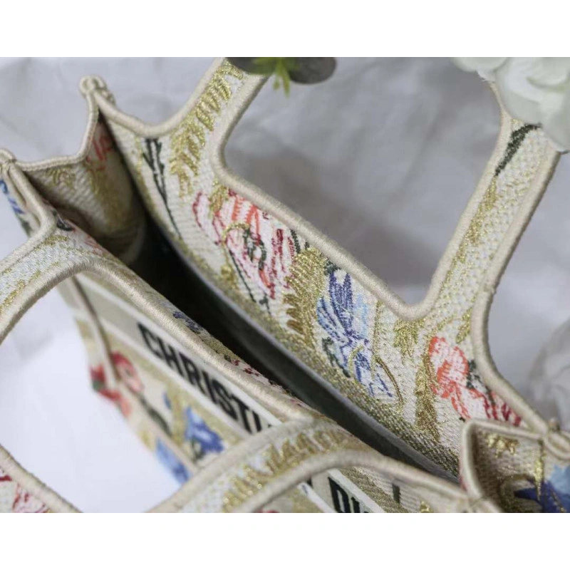 'Christia Christian Dior Mini Book Tote Beige Multicolor Hibiscus Metallic Thread Embroidery - Image 10