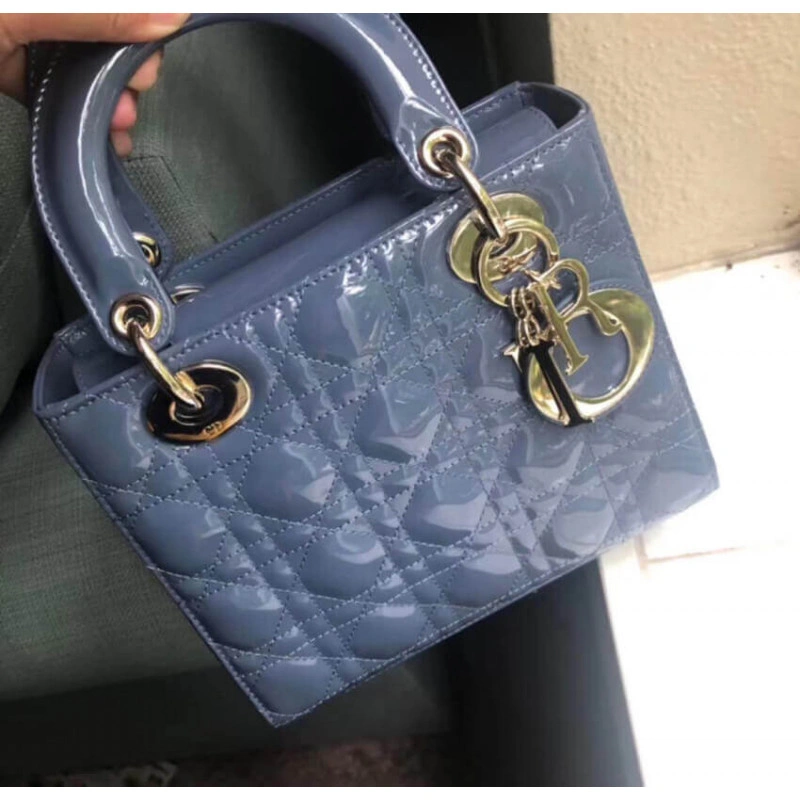 The bag m Christian Dior Mini Lady Dior Bag Blue Patent Cannage Calfskin - Image 4