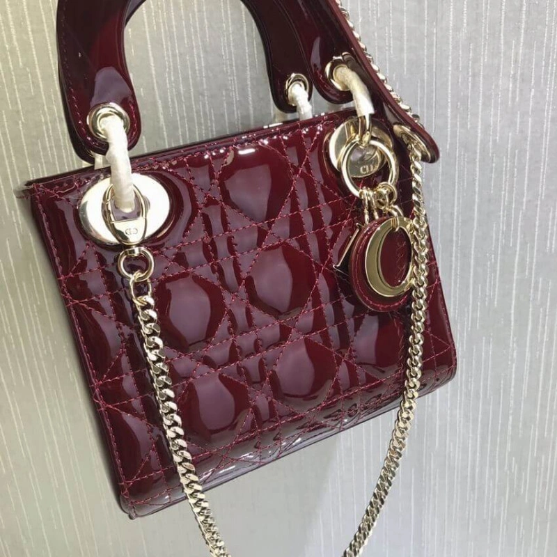 Removable Christian Dior Mini Lady Dior Bag Burgundy Patent Cannage Calfskin - Image 7