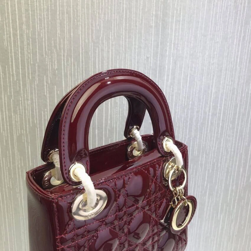 Removable Christian Dior Mini Lady Dior Bag Burgundy Patent Cannage Calfskin - Image 10