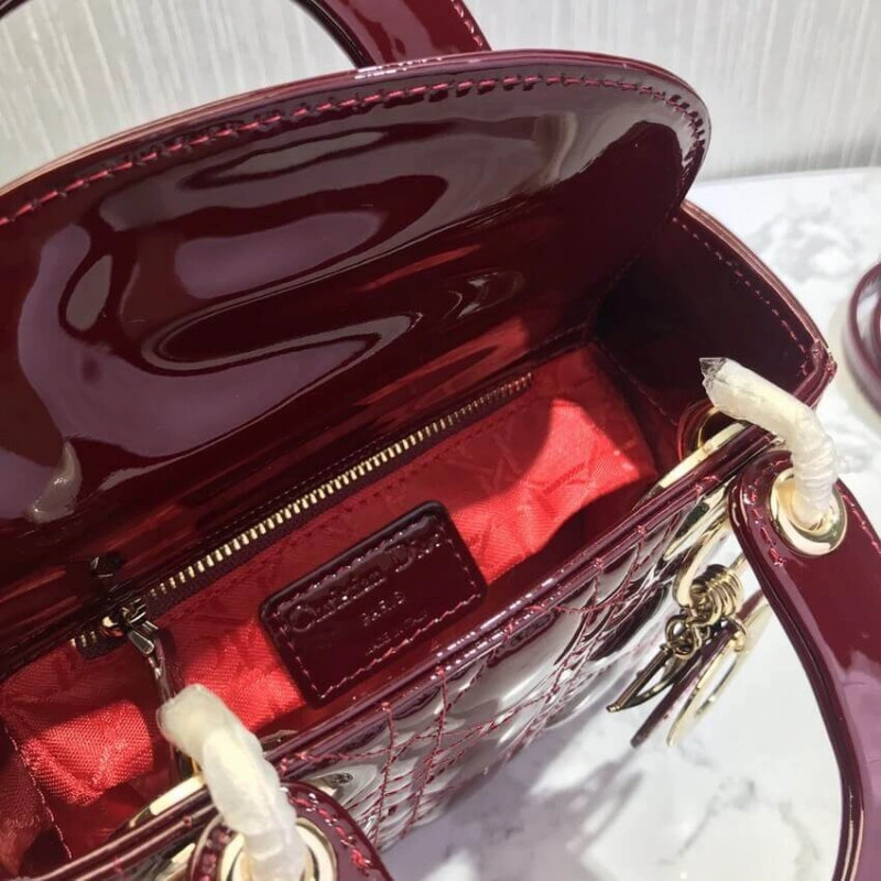 Removable Christian Dior Mini Lady Dior Bag Burgundy Patent Cannage Calfskin - Image 14
