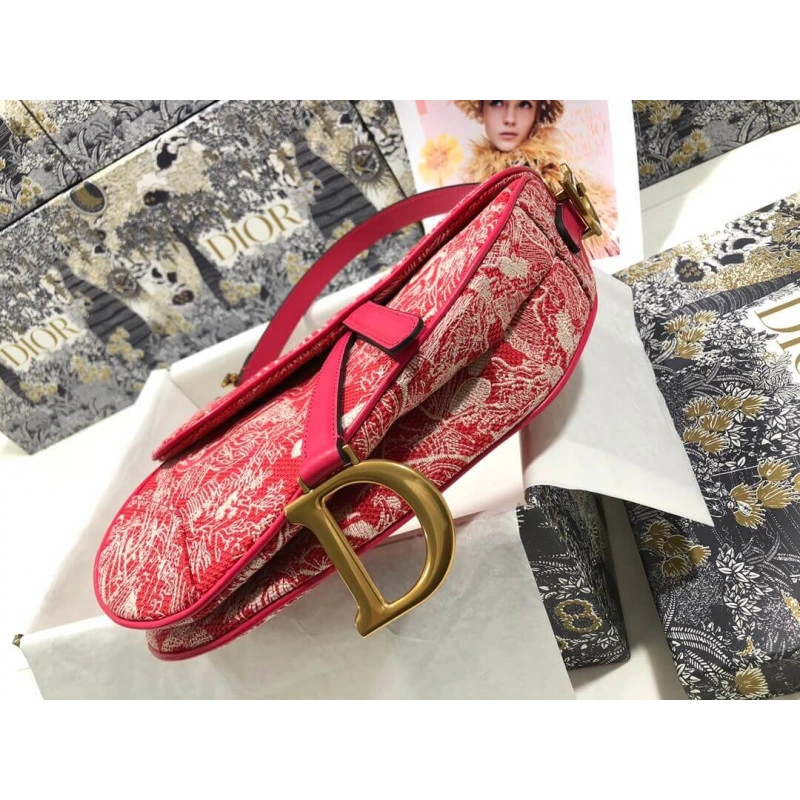 'CD' sign Christian Dior Saddle Bag Raspberry Toile de Jouy Reverse Jacquard - Image 5