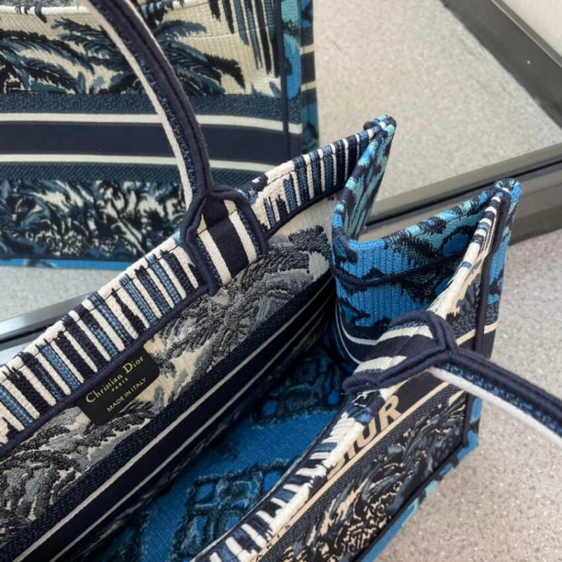 The Dior B Christian Dior Small Book Tote in Blue Palms Embroidery - Image 8
