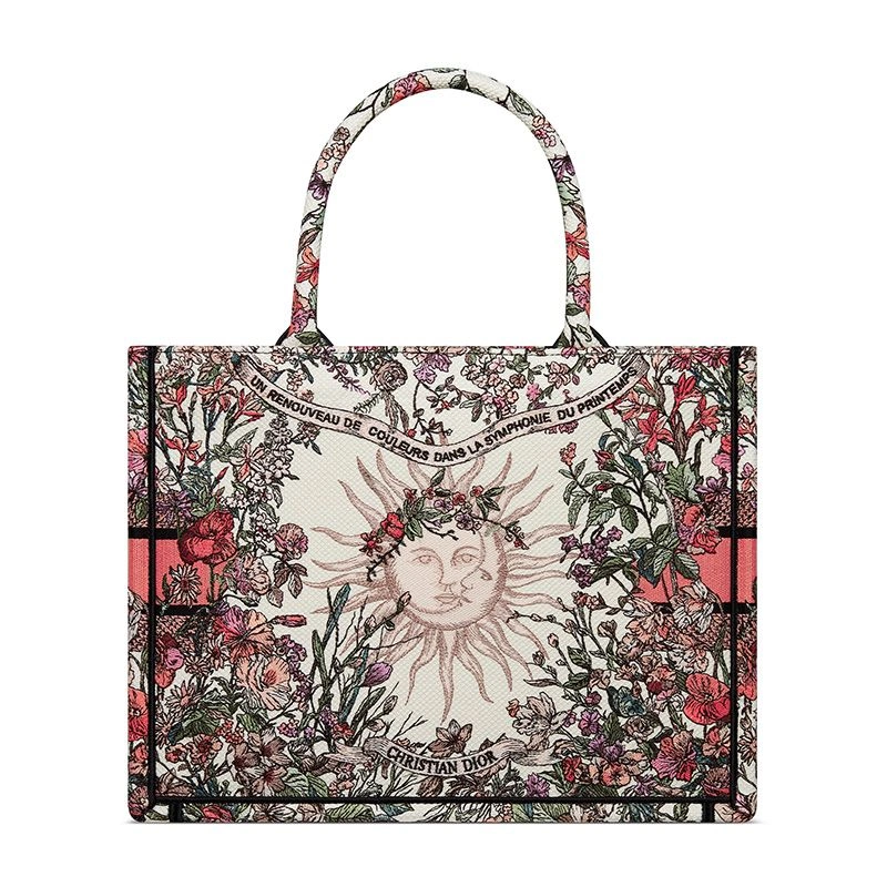 Dior Book Tote In 4 Saisons Printemps Soleil Motif Canvas White Pink Trendy 3072 - Image 3