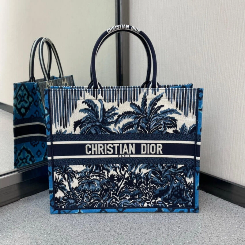 'Christia Dior Book Tote in Blue Palms Embroidery - Image 3