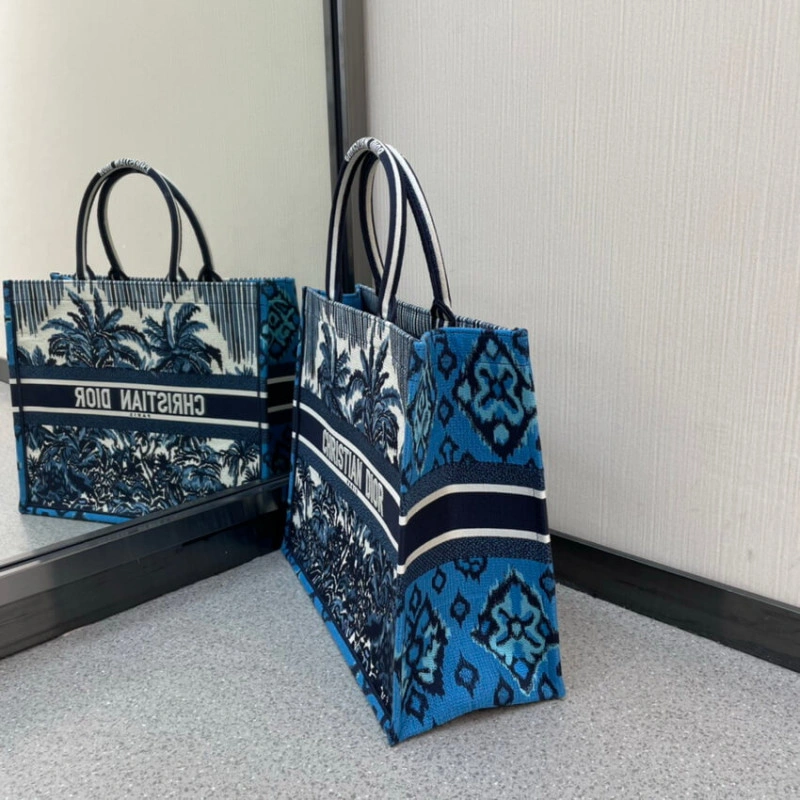 'Christia Dior Book Tote in Blue Palms Embroidery - Image 5
