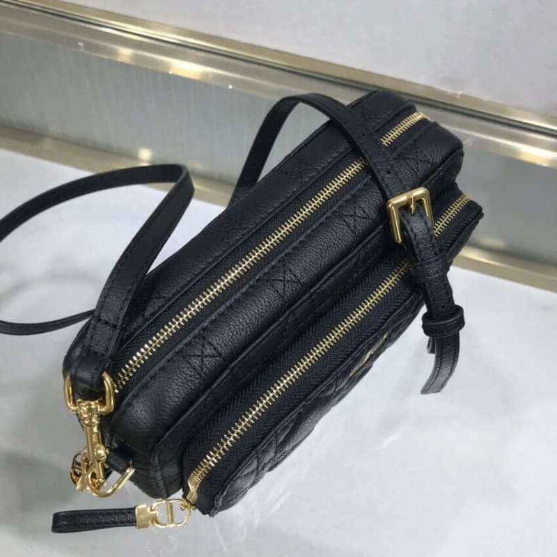 2 card sl Dior Caro Double Pouch Black Supple Cannage Calfskin - Image 4