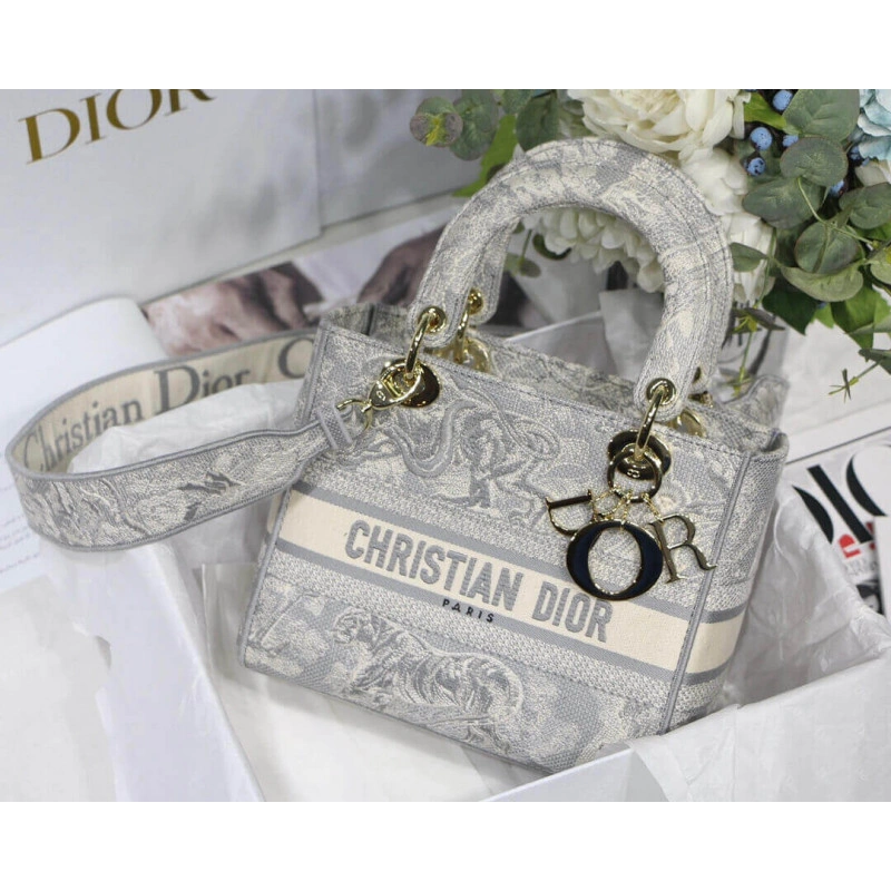 24 x 20 x Dior Medium Lady D-Lite Bag Gray Toile de Jouy Reverse Embroidery - Image 6