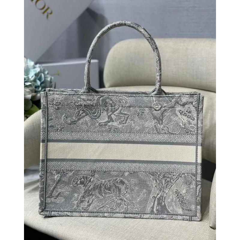 'CHRISTIAN Dior Small Book Tote Gray Toile de Jouy Reverse Embroidery Grey - Image 6