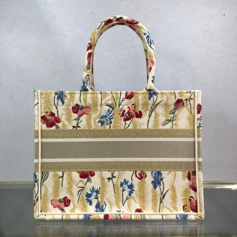 The Dior B Dior Small Book Tote in Beige Multicolor Hibiscus Metallic Thread Embroidery - Image 6