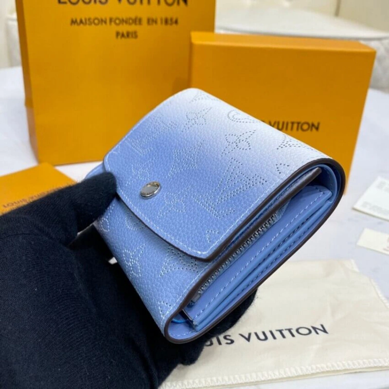 1 zipped Louis Vuitton Iris Compact Wallet in Blue Gradient Mahina Perforated Leather - Image 3
