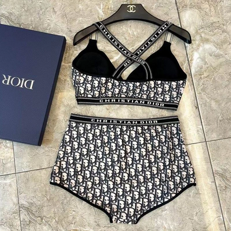 Popular 4795 Christian Dior High Waisted Crisscross Bikini Women Oblique Motif Lycra Black - Image 3