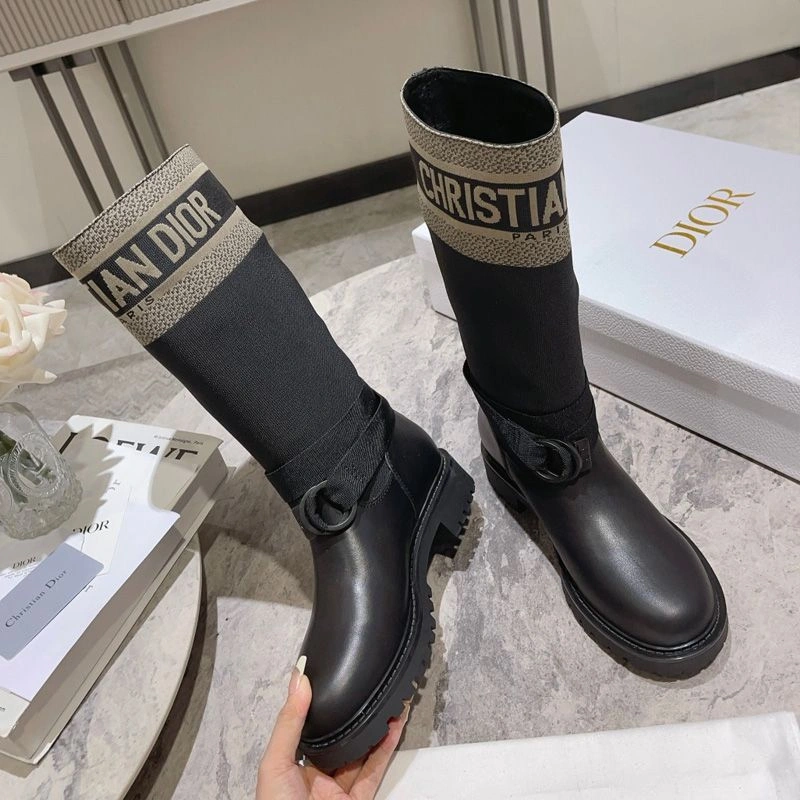 TopPick 7571 Christian Dior D-Major Boots Women Technical Fabric and Calfskin Black Beige - Image 3