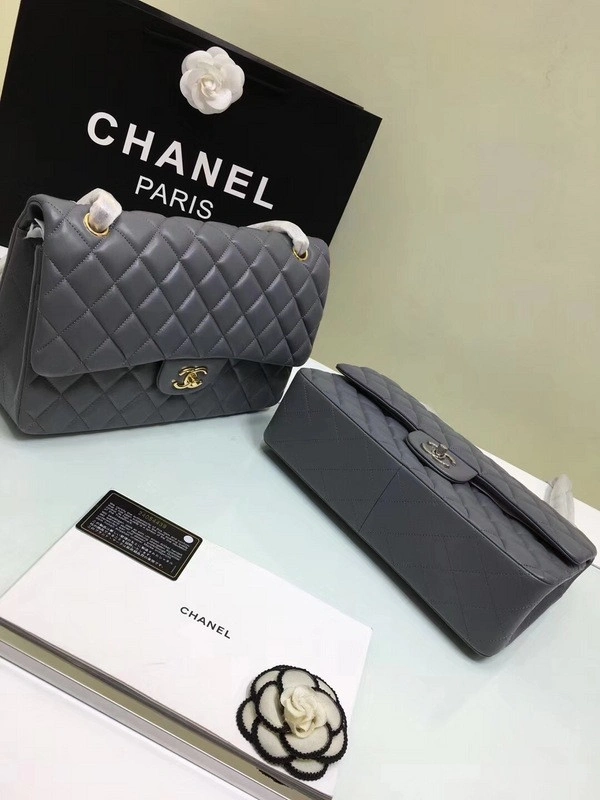 Fashionable CHANEL 1112 Grey Large Size 30cm Lambskin Leather Flap Bag With Gold Silver Hardware 841 - Image 5