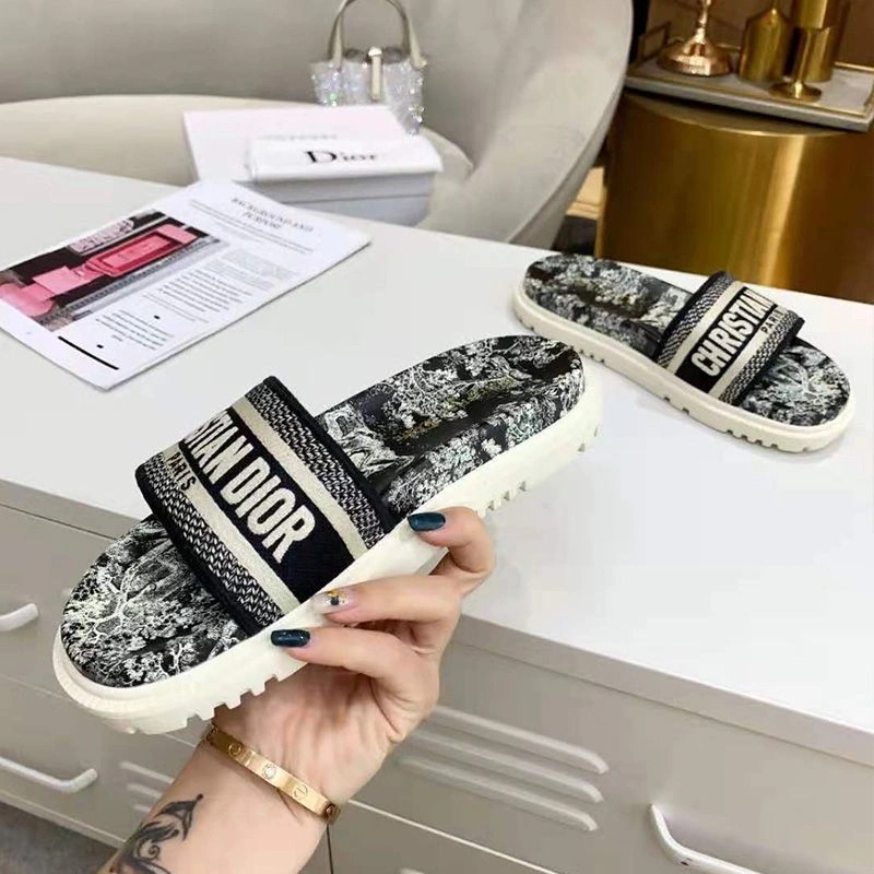Christian Dior Dway Slides Women Toile De Jouy Motif Cotton Black - Image 3