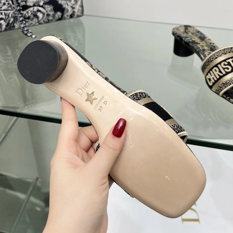 Christian Dior Dway Slides Women Toile de Jouy Mexico Motif Canvas Black - Image 5