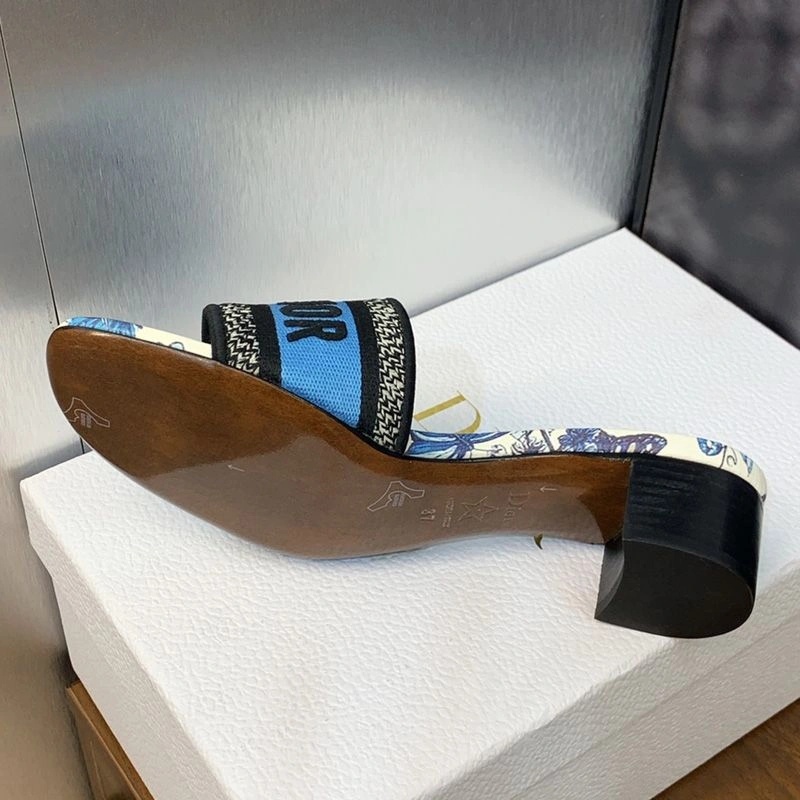 Christian Dior Dway Slides Women Toile de Jouy Mexico Motif Canvas White Blue - Image 5