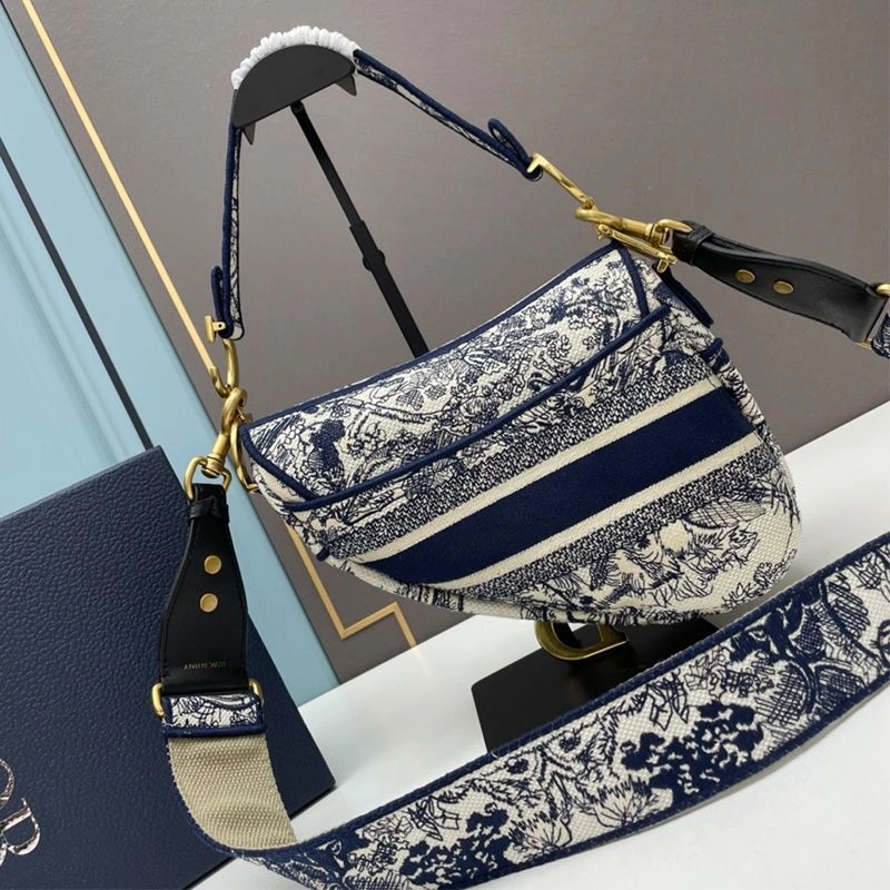Christian Dior Saddle Bag Toile de Jouy Motif Canvas Blue - Image 3