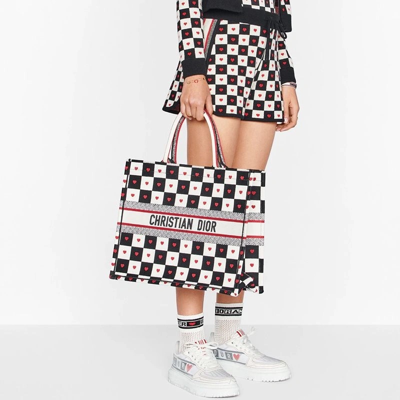 Dior Book Tote Dioramour D-Chess Heart Motif Canvas Black White - Image 5