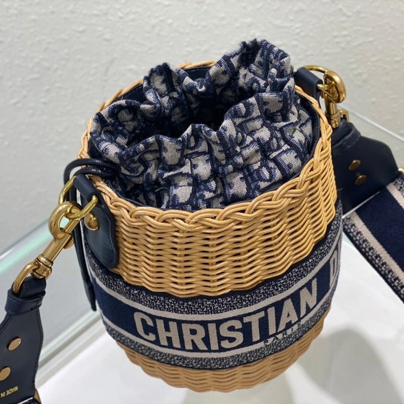 Dior Bucket Bag Wicker and Oblique Motif Canvas Blue - Image 5