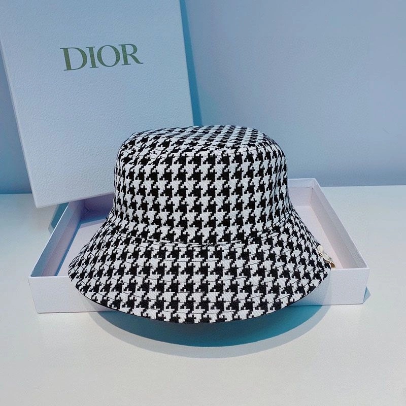 Dior Reversible Bucket Hat Safety Pin Logo Houndstooth Motif Cotton Black - Image 3