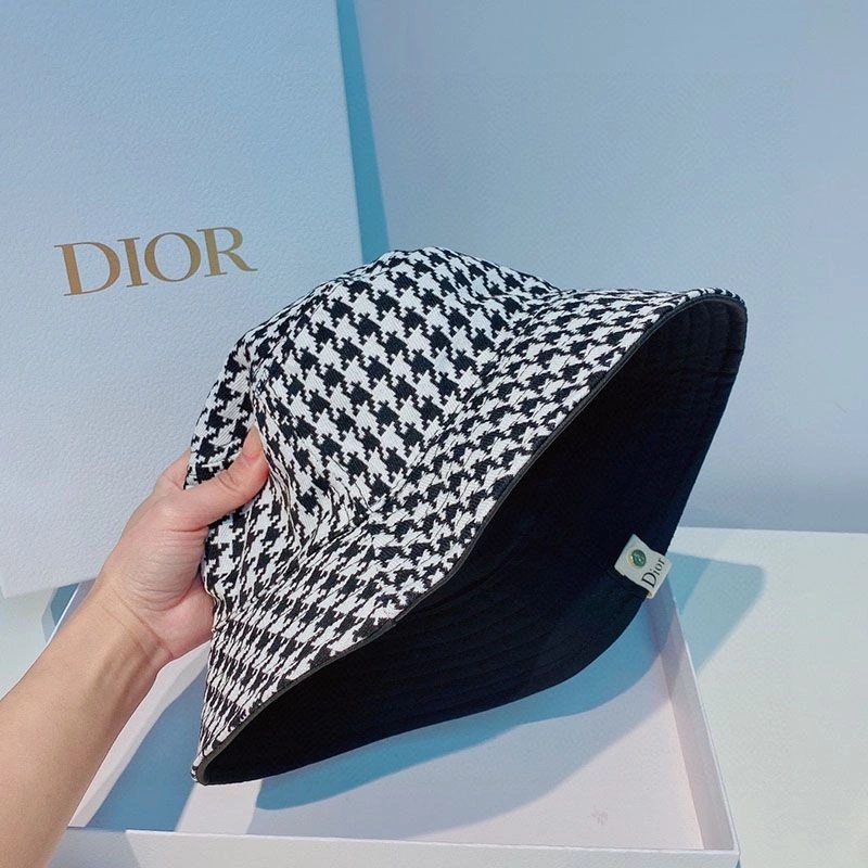 Dior Reversible Bucket Hat Safety Pin Logo Houndstooth Motif Cotton Black - Image 4