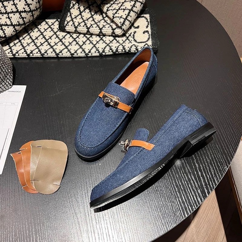 Hermes Destin Loafers Women Denim Canvas with Kelly Buckle In Light Blue - Image 3