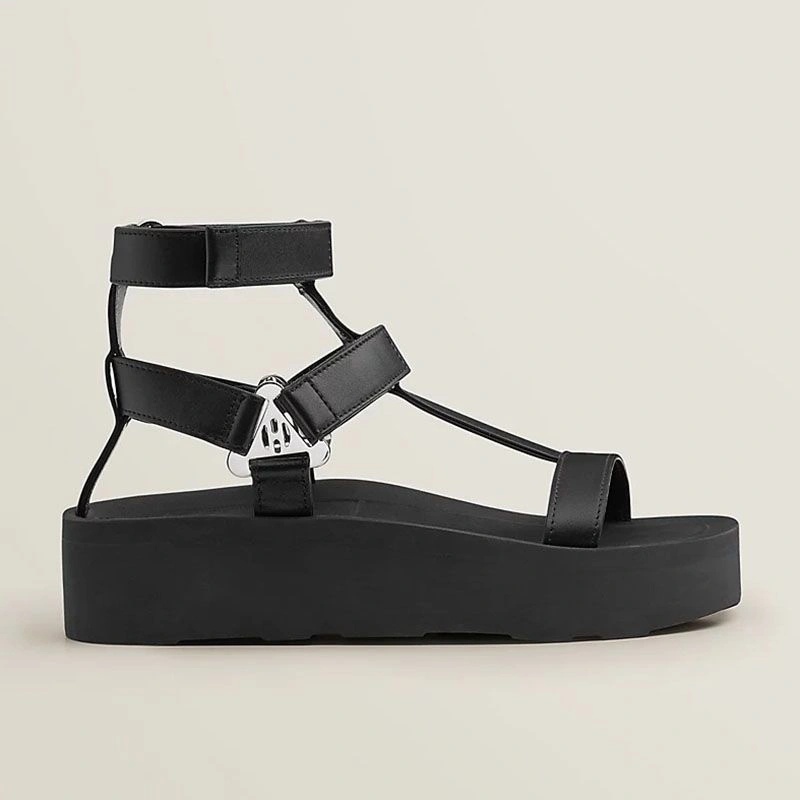 Hermes Enid Platform Sandals Women Calfskin with H Diamant Buckle In Black - Image 3