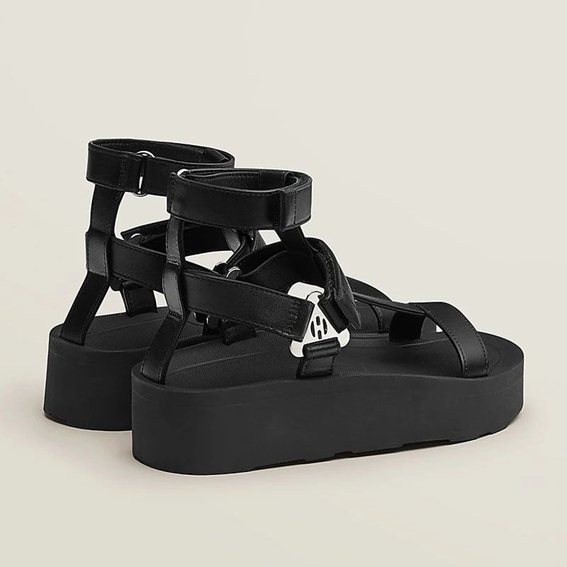 Hermes Enid Platform Sandals Women Calfskin with H Diamant Buckle In Black - Image 4