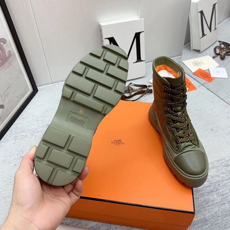 Hermes Fresh Ankle Boots Women Calfskin and Parachute with Logo Emblem In Green - Image 5