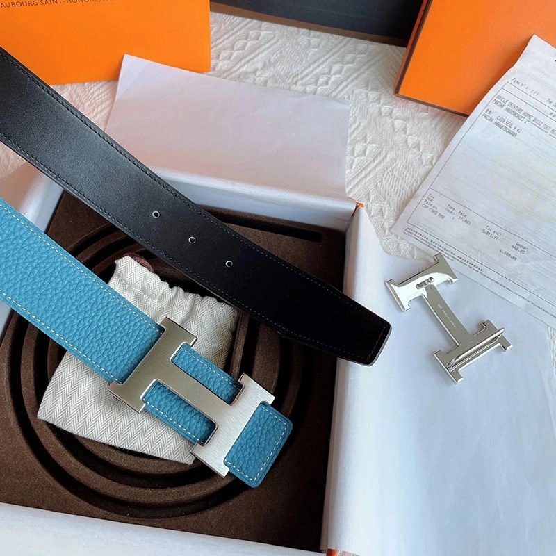 Hermes H Logo Buckle 38 Reversible Belt Leather In Blue Black - Image 3