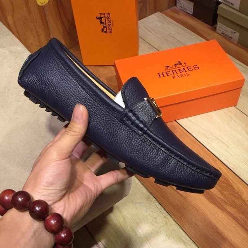 Hermes Loafers Men Togo Leather In Navy Blue - Image 3