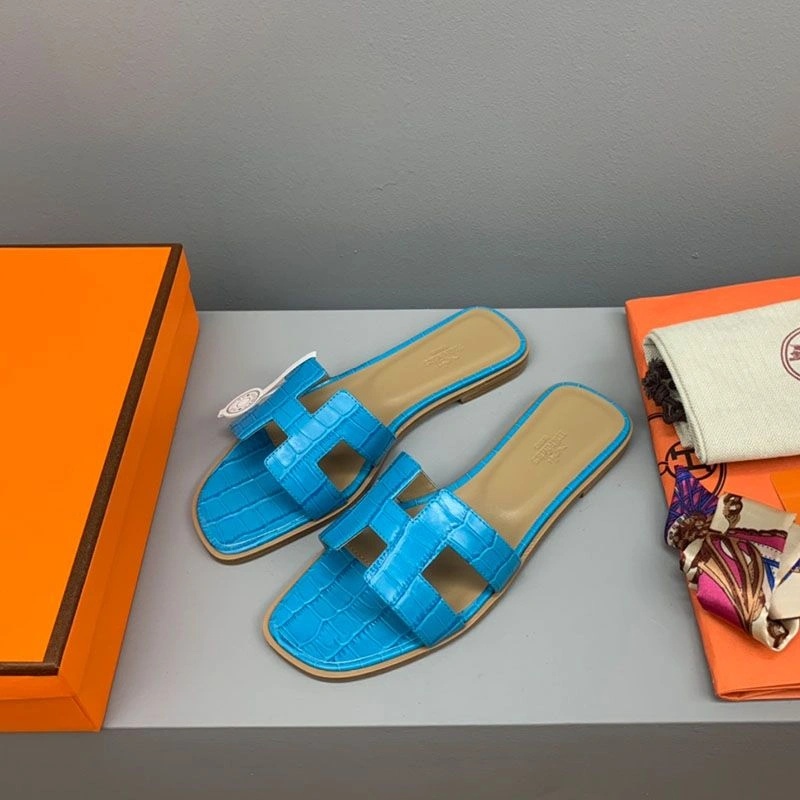 Hermes Oran Slides Women Crocodile Leather In Sky Blue - Image 3