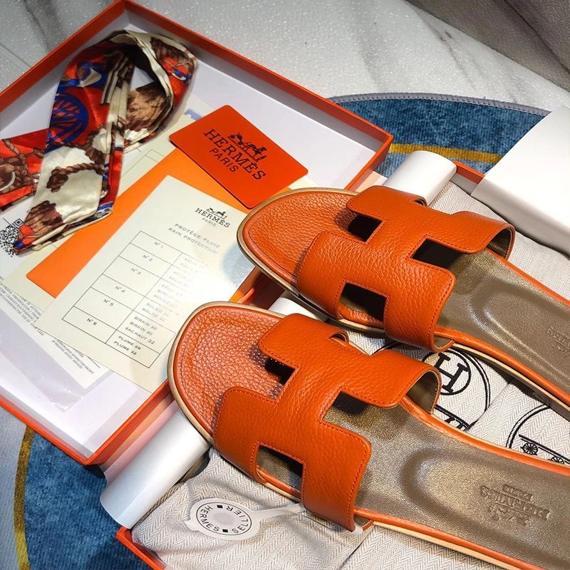 Hermes Oran Slides Women Calf Leather In Orange - Image 5