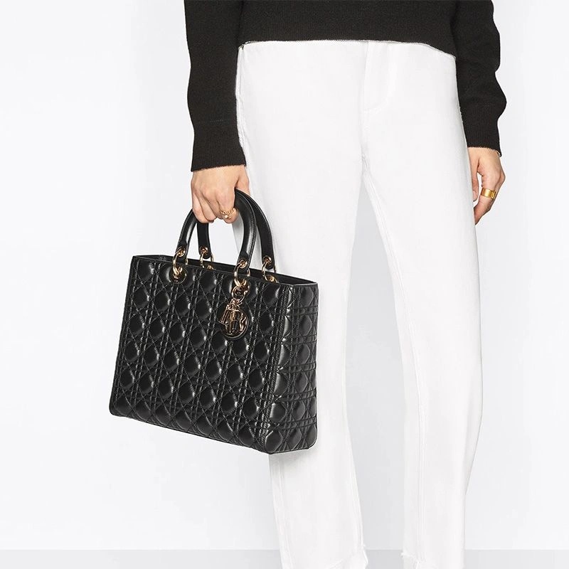 Large Lady Dior Bag Patent Cannage Calfskin Black Gold - Image 5