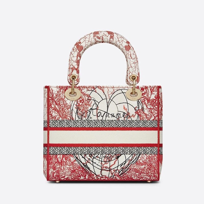 Medium Lady D-lite Bag Dioramour D-Royaume d'Amour Motif Canvas Red White - Image 3