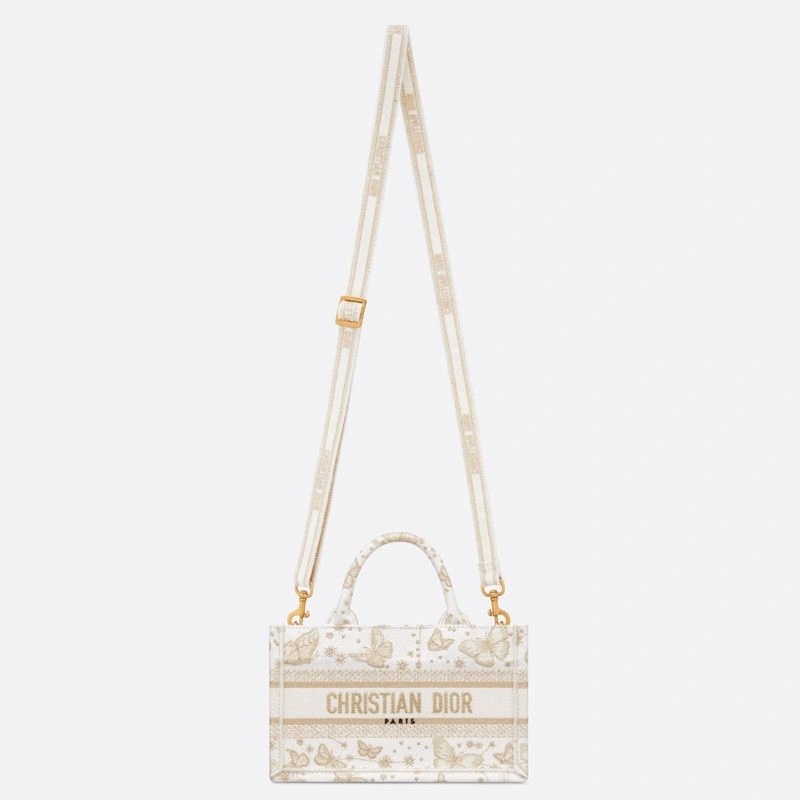 Mini Dior Book Tote with Strap Butterfly Zodiac Motif Canvas White Gold - Image 5
